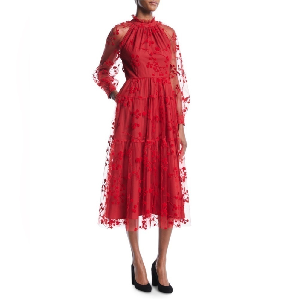 CO Collections Red Floral Embroidered Mock Neck Midi Dress Sz XS